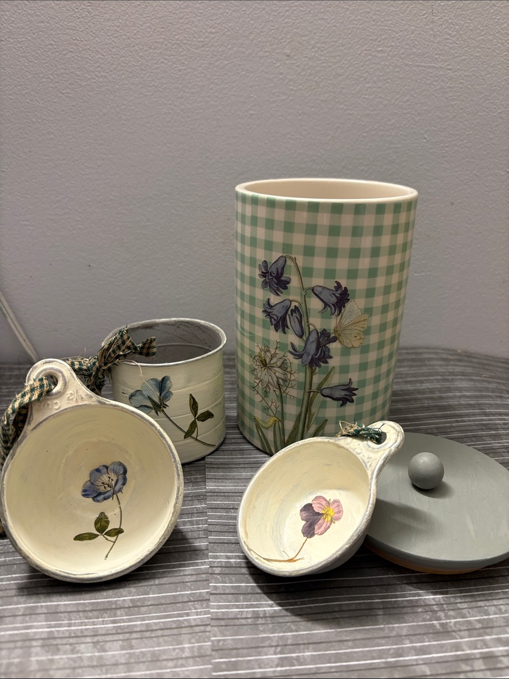 Floral Ceramic Kitchen Canister Set in Green and Cream